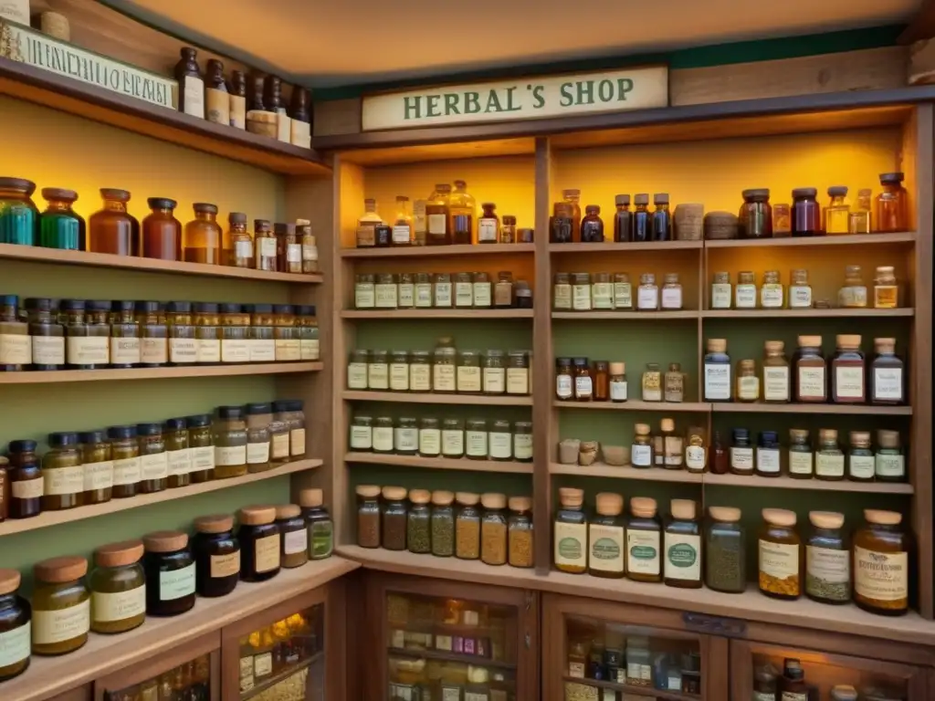 Una tienda de hierbas medicinales vintage, llena de frascos y botellas de suplementos y remedios naturales