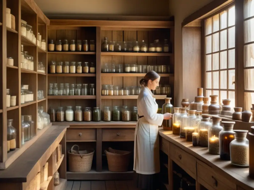 Tienda de hierbas antigua y misteriosa Tienda de hierbas antigua, con estantes de madera llenos de frascos de vidrio y una herborista experta mezclando ingredientes