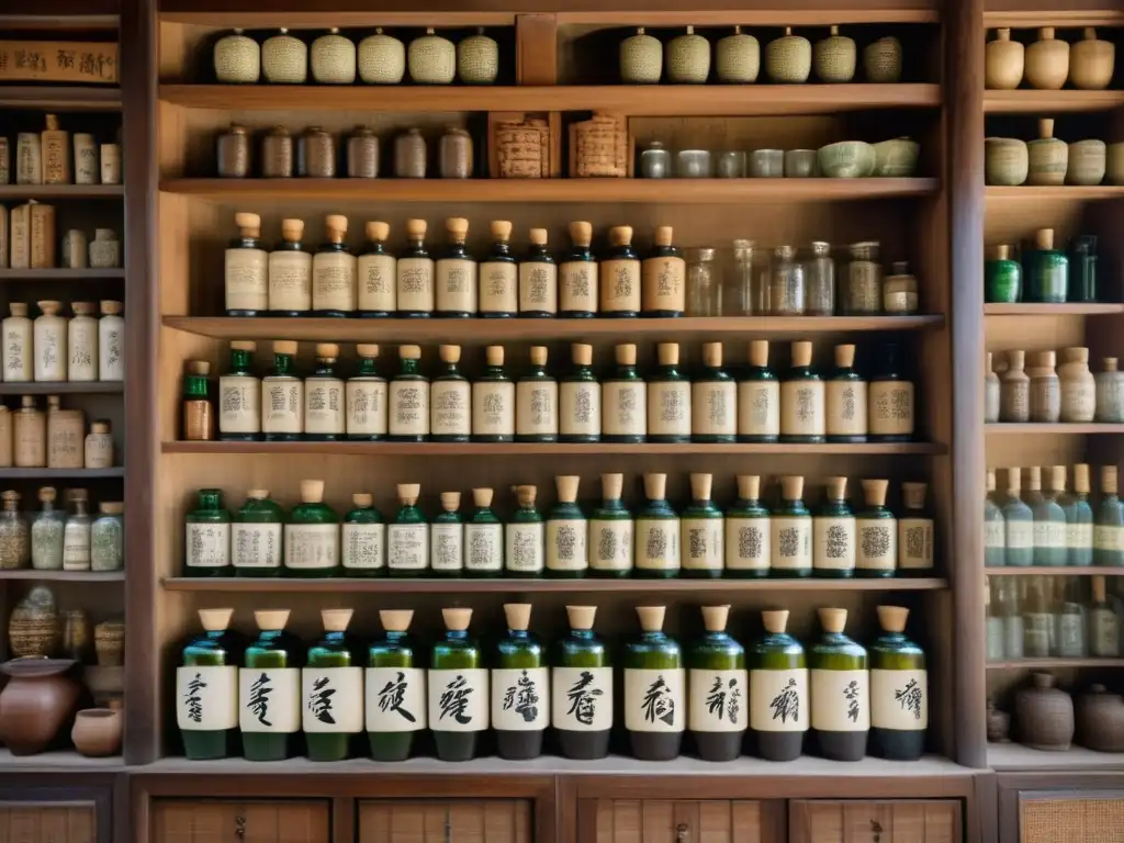 Tienda asiática tradicional con vino de arroz curativo y sus beneficios