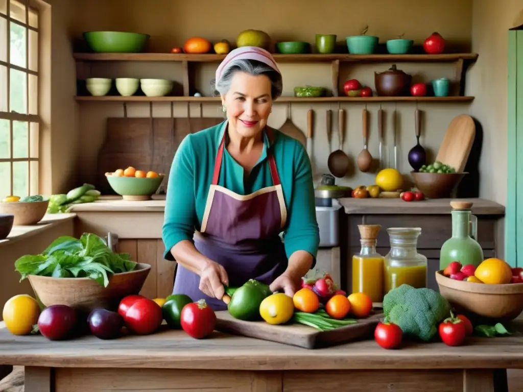 Cocina tradicional con mesa rústica, frutas y verduras frescas, una mujer preparando una poción curativa y estanterías con hierbas y especias