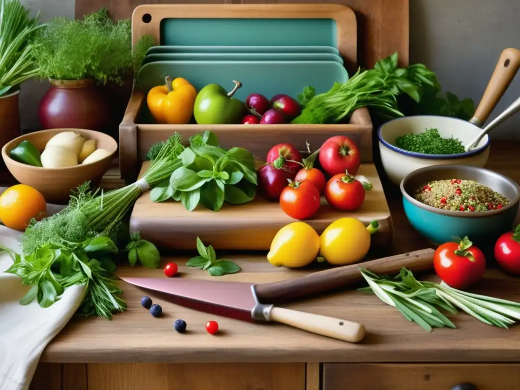 Cocina vintage con ingredientes y utensilios de cocina Beneficios de los alimentos curativos en una cocina vintage llena de ingredientes y utensilios de cocina