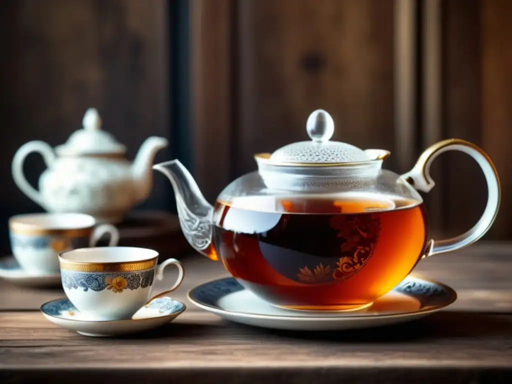 Vintage teapot with steaming black tea Beneficios té negro corazón: Teapot vintage con té negro humeante en mesa de madera, junto a tazas antiguas