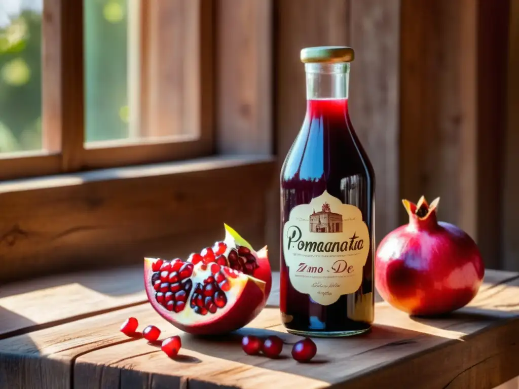 Zumo de Granada: Refrescante y versátil Zumo de Granada: Un vistoso envase vintage lleno de refrescante zumo de granada rodeado de frutas maduras y una etiqueta escrita a mano